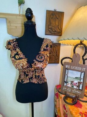 Karma Highway Crop Top One Size Paisley Ruffle Smocked Stretch Boho Hippie